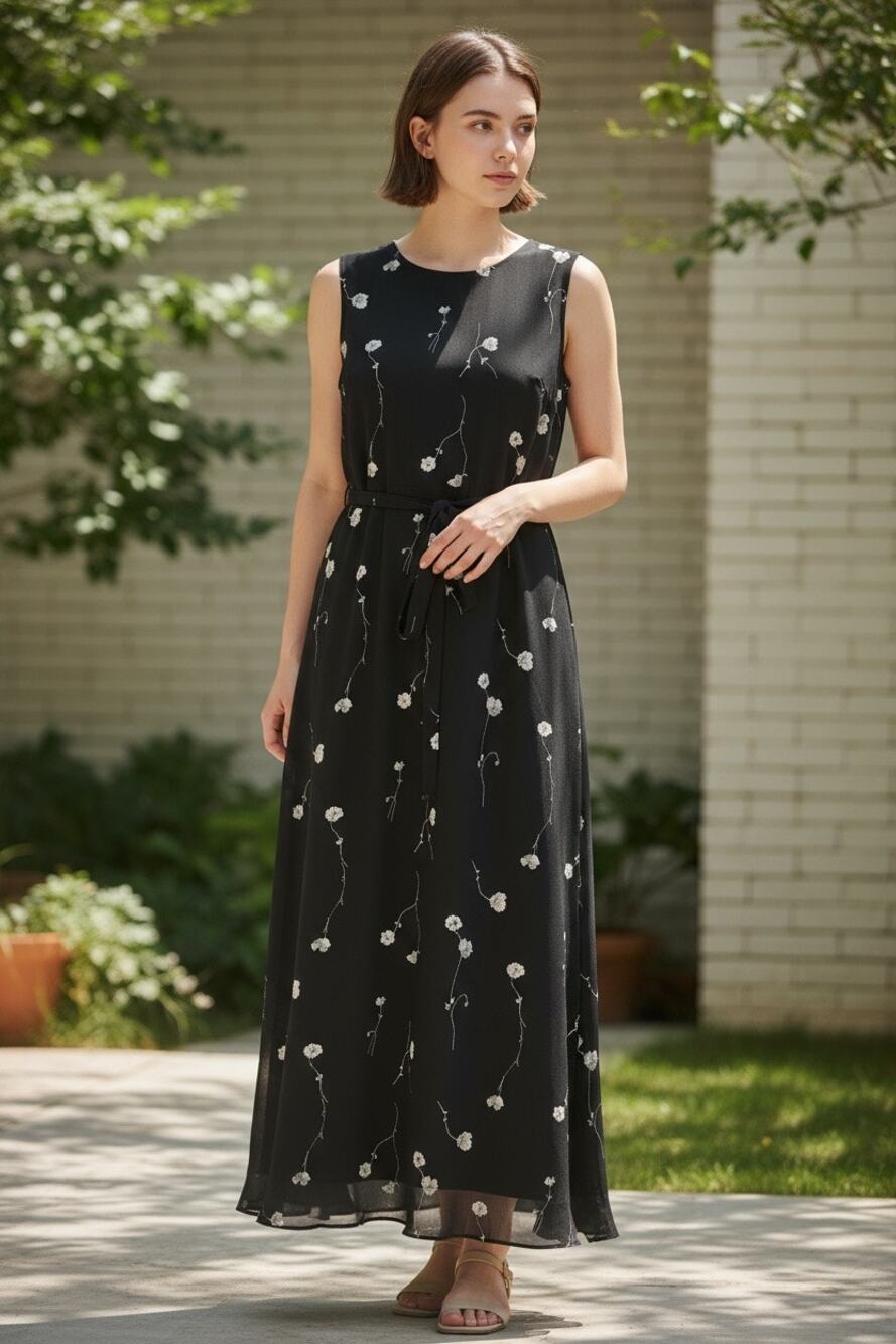 Vintage Norton McNaughton black sleeveless maxi dress with a white floral print.